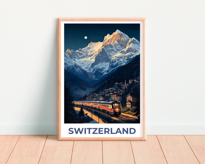 Switzerland Travel Print, Interlaken Poster, Swiss Art, Switzerland Illustration, Landscape Poster, Swiss Train, Home Decor, Birthday Gift