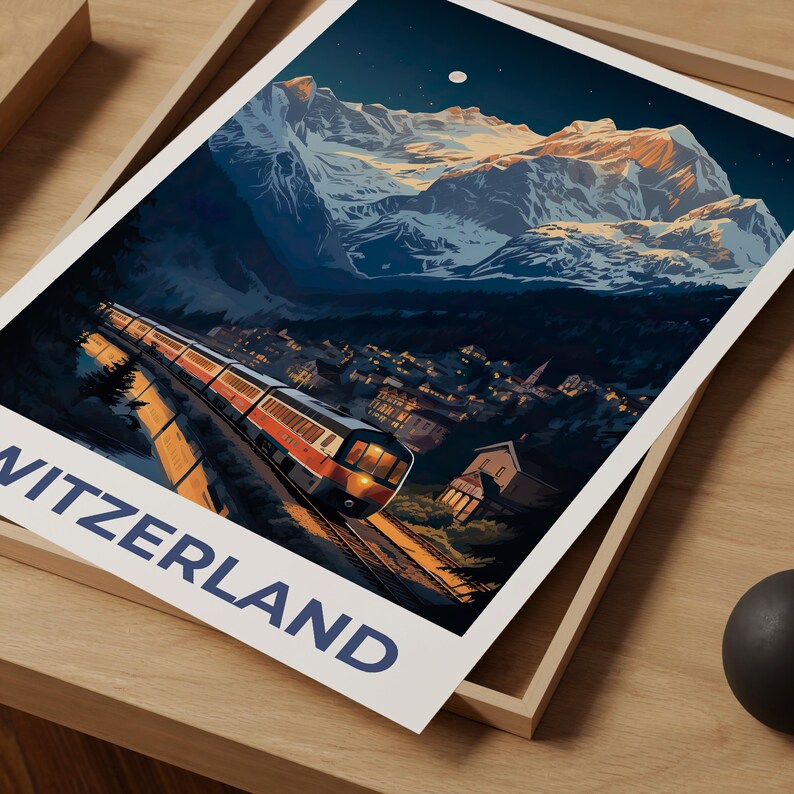 Switzerland Travel Print, Interlaken Poster, Swiss Art, Switzerland Illustration, Landscape Poster, Swiss Train, Home Decor, Birthday Gift