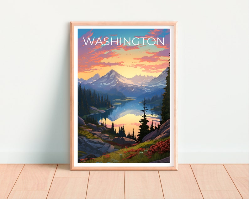 Affiche de voyage de Washington, art mural de montagne, impression de montagne, affiche de Washington, affiche de l'État de Washington, impression de l'État de Washington