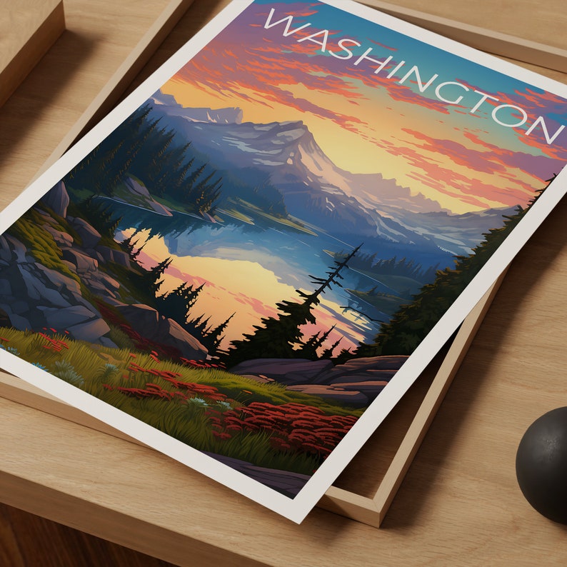 Affiche de voyage de Washington, art mural de montagne, impression de montagne, affiche de Washington, affiche de l'État de Washington, impression de l'État de Washington
