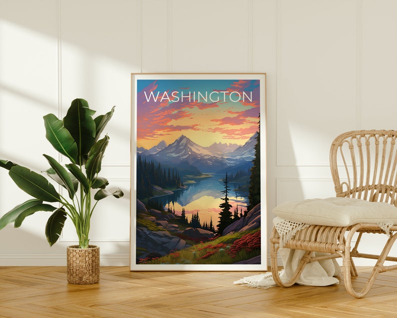 Affiche de voyage de Washington, art mural de montagne, impression de montagne, affiche de Washington, affiche de l'État de Washington, impression de l'État de Washington