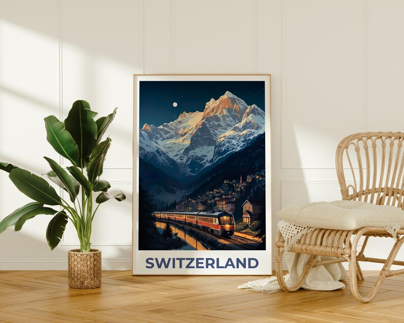 Switzerland Travel Print, Interlaken Poster, Swiss Art, Switzerland Illustration, Landscape Poster, Swiss Train, Home Decor, Birthday Gift