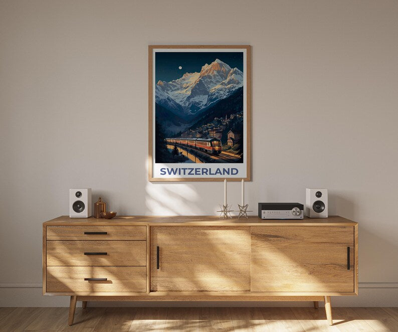 Switzerland Travel Print, Interlaken Poster, Swiss Art, Switzerland Illustration, Landscape Poster, Swiss Train, Home Decor, Birthday Gift
