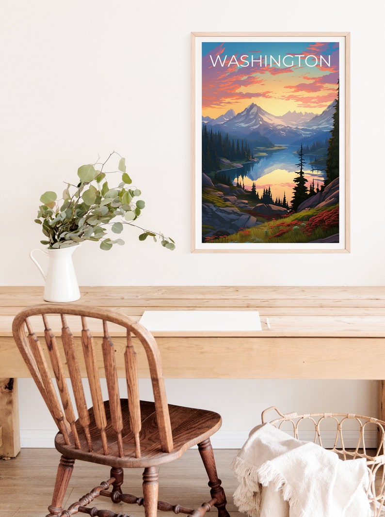 Affiche de voyage de Washington, art mural de montagne, impression de montagne, affiche de Washington, affiche de l'État de Washington, impression de l'État de Washington