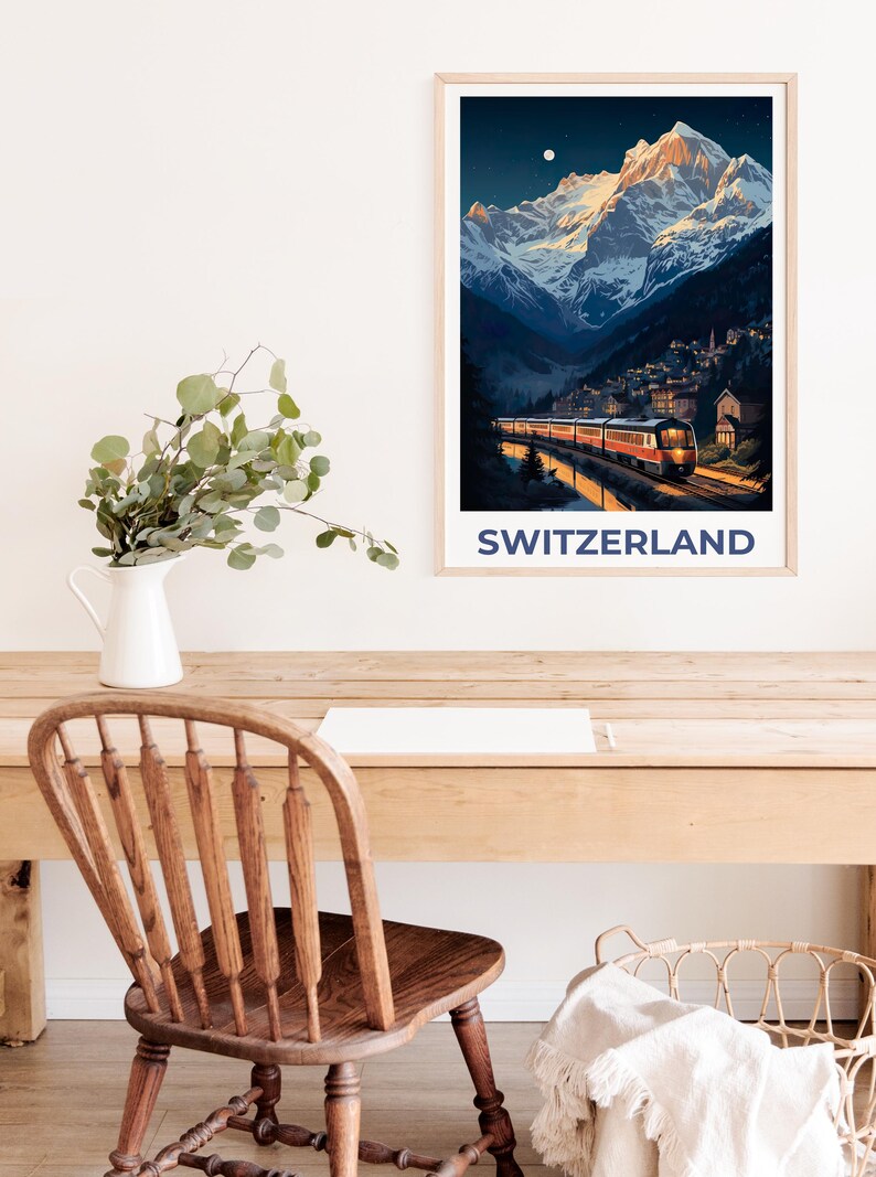 Switzerland Travel Print, Interlaken Poster, Swiss Art, Switzerland Illustration, Landscape Poster, Swiss Train, Home Decor, Birthday Gift