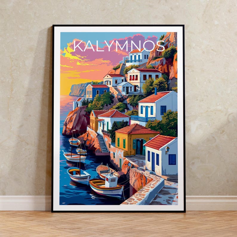 Kalymnos Travel Print, Greece Poster, Aegean Sea Wall Art, Greek Illustration, Kalymnos Poster, Home Decor, Birthday Gift
