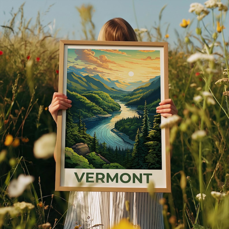 Vermont Poster, Green Mountains Travel Print, Forest Art, New England Illustration, Landscape Poster, Home Decor, Birthday Gift