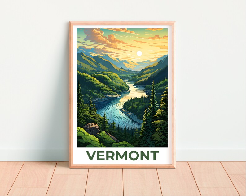 Vermont Poster, Green Mountains Travel Print, Forest Art, New England Illustration, Landscape Poster, Home Decor, Birthday Gift