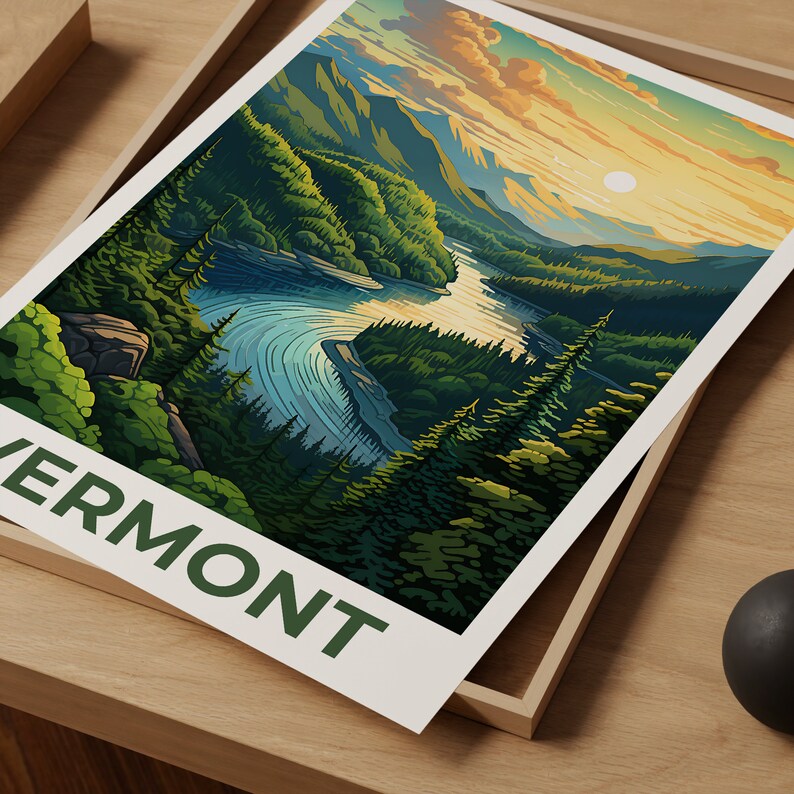 Vermont Poster, Green Mountains Travel Print, Forest Art, New England Illustration, Landscape Poster, Home Decor, Birthday Gift