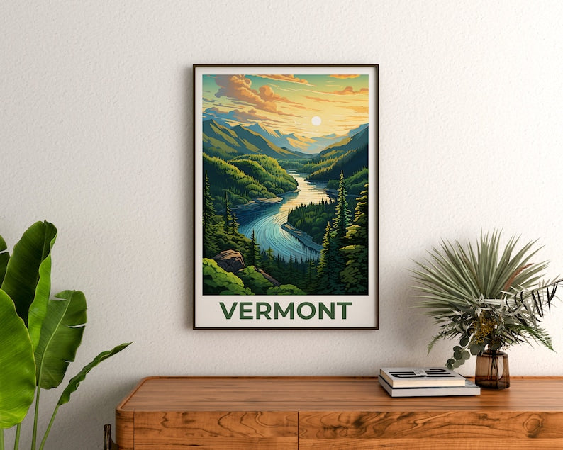 Vermont Poster, Green Mountains Travel Print, Forest Art, New England Illustration, Landscape Poster, Home Decor, Birthday Gift