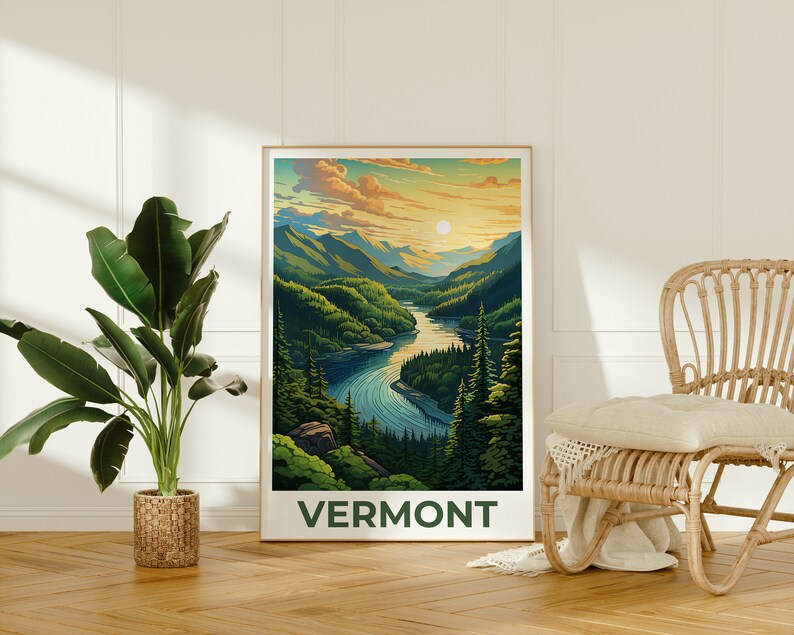 Vermont Poster, Green Mountains Travel Print, Forest Art, New England Illustration, Landscape Poster, Home Decor, Birthday Gift