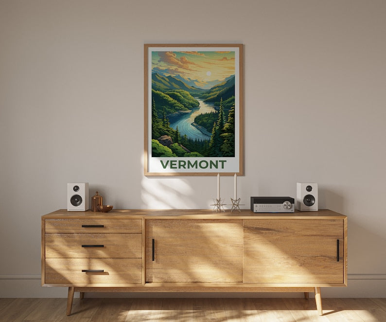 Vermont Poster, Green Mountains Travel Print, Forest Art, New England Illustration, Landscape Poster, Home Decor, Birthday Gift