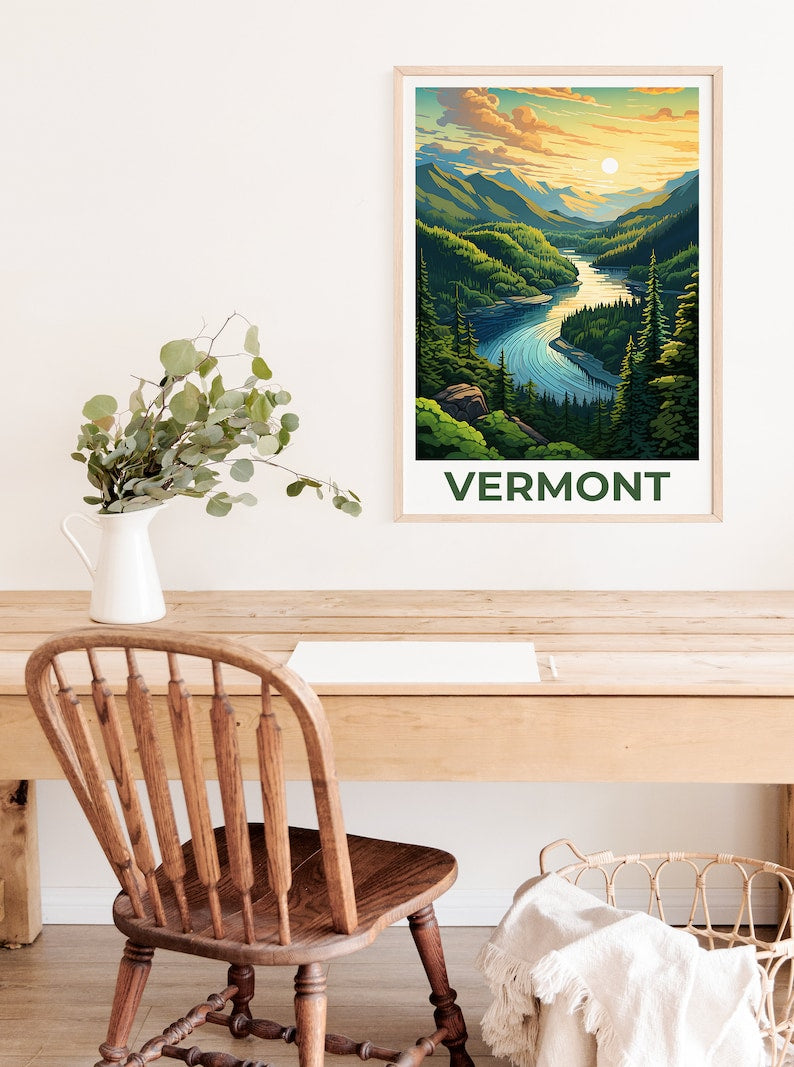Vermont Poster, Green Mountains Travel Print, Forest Art, New England Illustration, Landscape Poster, Home Decor, Birthday Gift