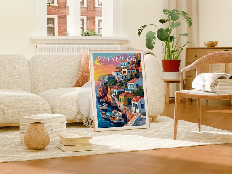 Kalymnos Travel Print, Greece Poster, Aegean Sea Wall Art, Greek Illustration, Kalymnos Poster, Home Decor, Birthday Gift