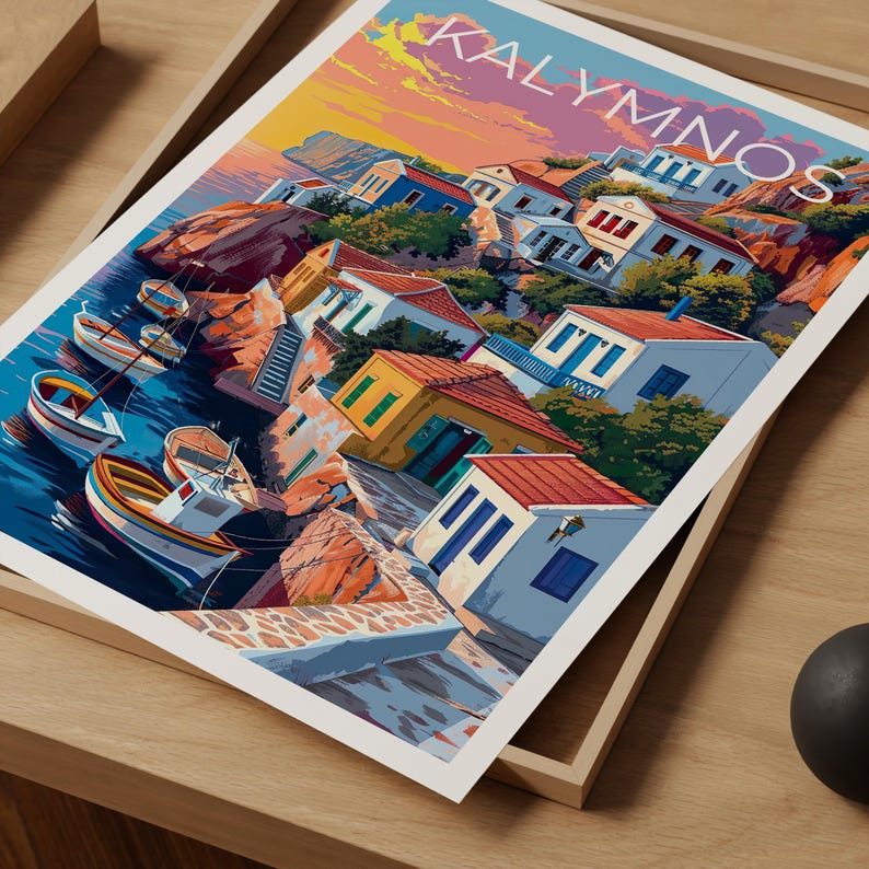Kalymnos Travel Print, Greece Poster, Aegean Sea Wall Art, Greek Illustration, Kalymnos Poster, Home Decor, Birthday Gift