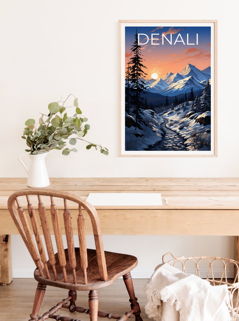 Affiche de voyage Denali, art mural de l'Alaska, impression de l'Alaska, affiche Denali, affiche de l'Alaska, impression Denali, art Denali