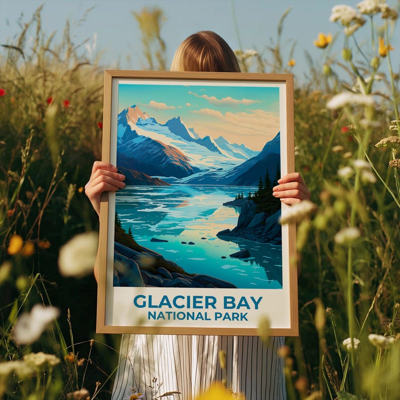 Glacier Bay National Park Travel Print Alaska Poster Glacier Wall Art Ice Landscape Illustration Glacier Bay Poster Home Decor Birthday Gift