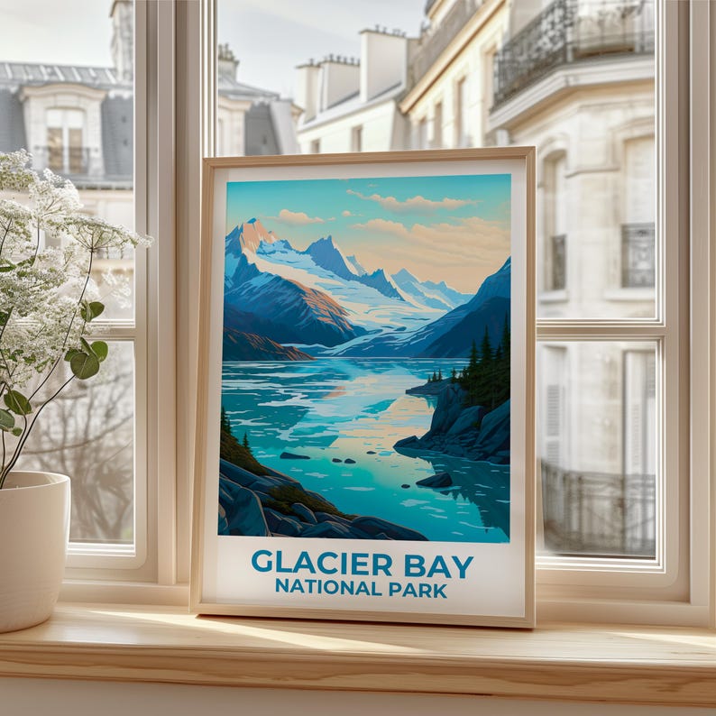 Glacier Bay National Park Travel Print Alaska Poster Glacier Wall Art Ice Landscape Illustration Glacier Bay Poster Home Decor Birthday Gift