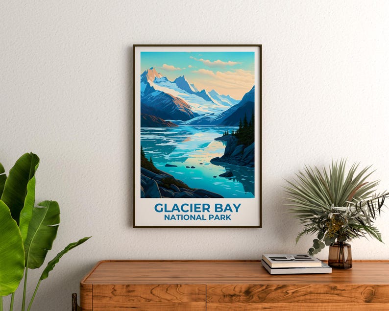 Glacier Bay National Park Travel Print Alaska Poster Glacier Wall Art Ice Landscape Illustration Glacier Bay Poster Home Decor Birthday Gift