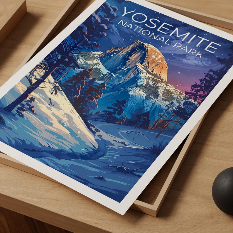 Yosemite Travel Print California Poster Half Dome Wall Art Yosemite Illustration Winter Landscape Poster Home Decor Birthday Gift