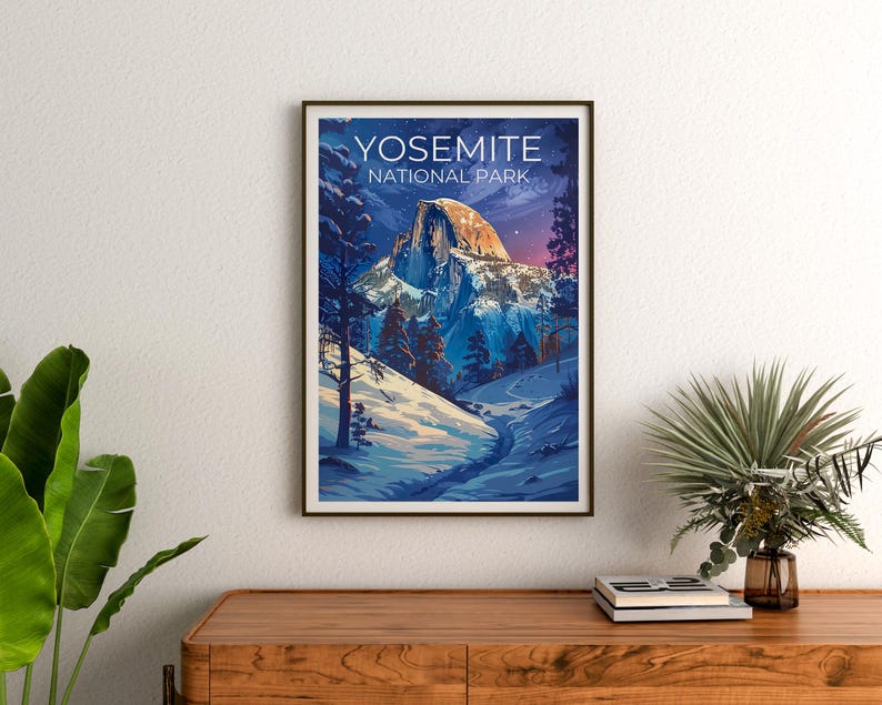 Yosemite Travel Print California Poster Half Dome Wall Art Yosemite Illustration Winter Landscape Poster Home Decor Birthday Gift