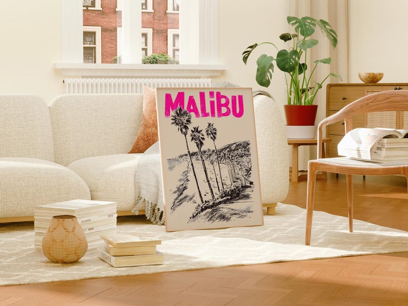 Malibu Poster, California Travel Print, Beach Vibes Art, Coastal Illustration, Malibu Print, Scenic Wall Art, Home Decor, Birthday Gift