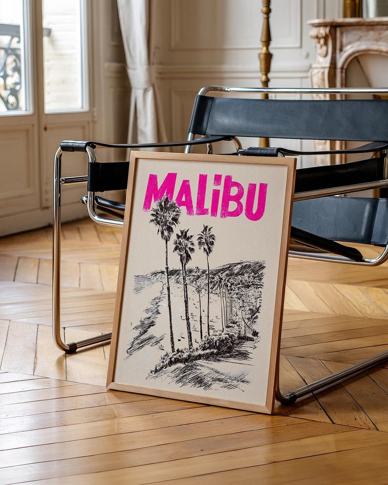 Malibu Poster, California Travel Print, Beach Vibes Art, Coastal Illustration, Malibu Print, Scenic Wall Art, Home Decor, Birthday Gift