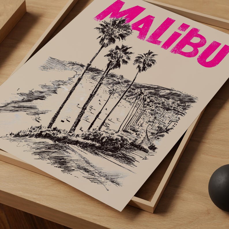 Malibu Poster, California Travel Print, Beach Vibes Art, Coastal Illustration, Malibu Print, Scenic Wall Art, Home Decor, Birthday Gift