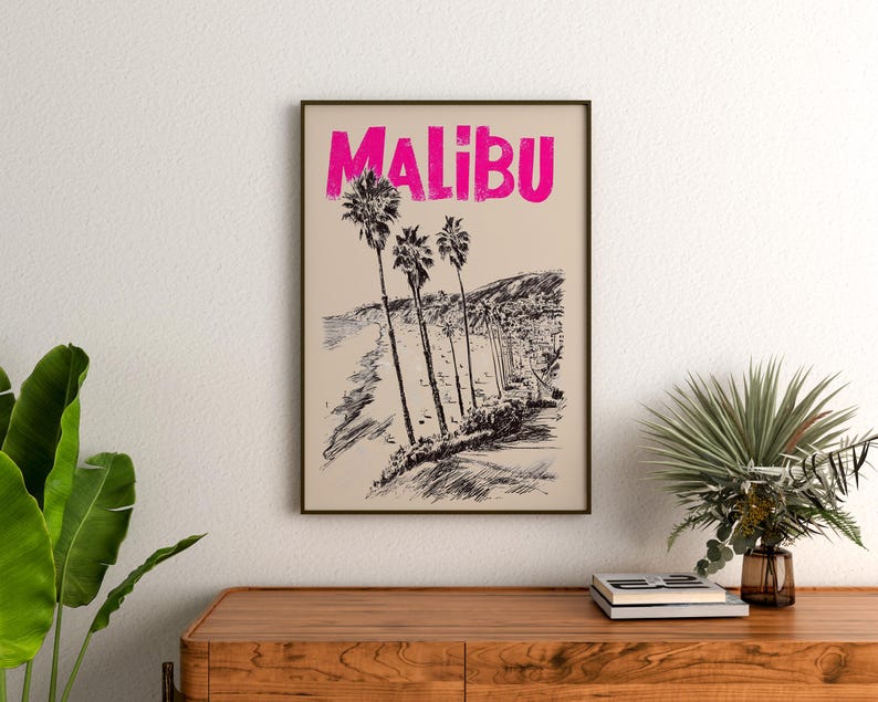 Malibu Poster, California Travel Print, Beach Vibes Art, Coastal Illustration, Malibu Print, Scenic Wall Art, Home Decor, Birthday Gift