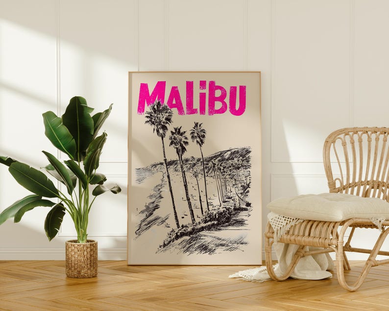 Malibu Poster, California Travel Print, Beach Vibes Art, Coastal Illustration, Malibu Print, Scenic Wall Art, Home Decor, Birthday Gift