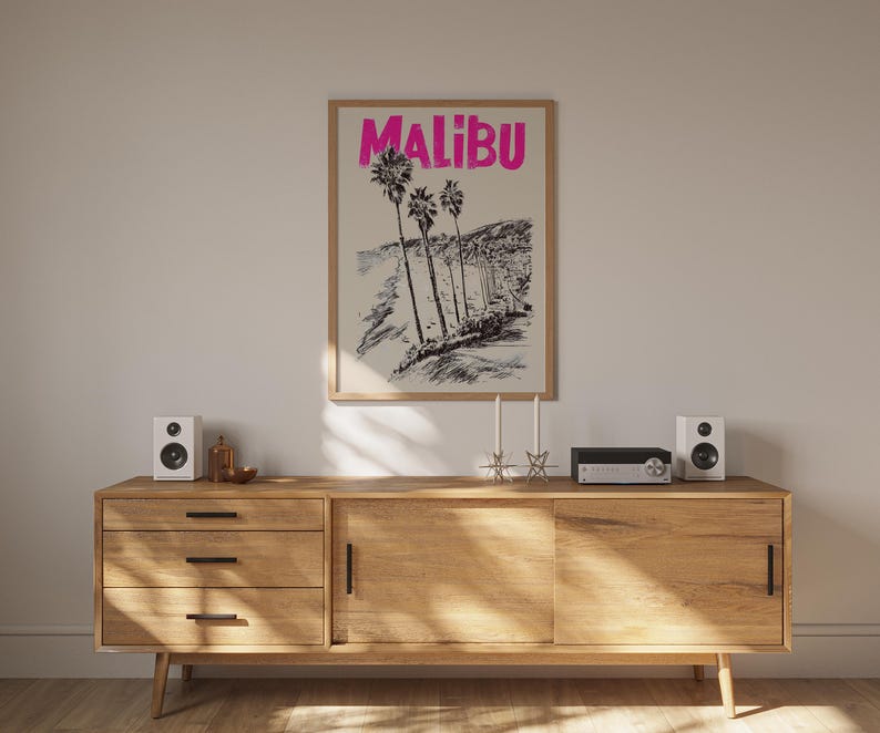 Malibu Poster, California Travel Print, Beach Vibes Art, Coastal Illustration, Malibu Print, Scenic Wall Art, Home Decor, Birthday Gift