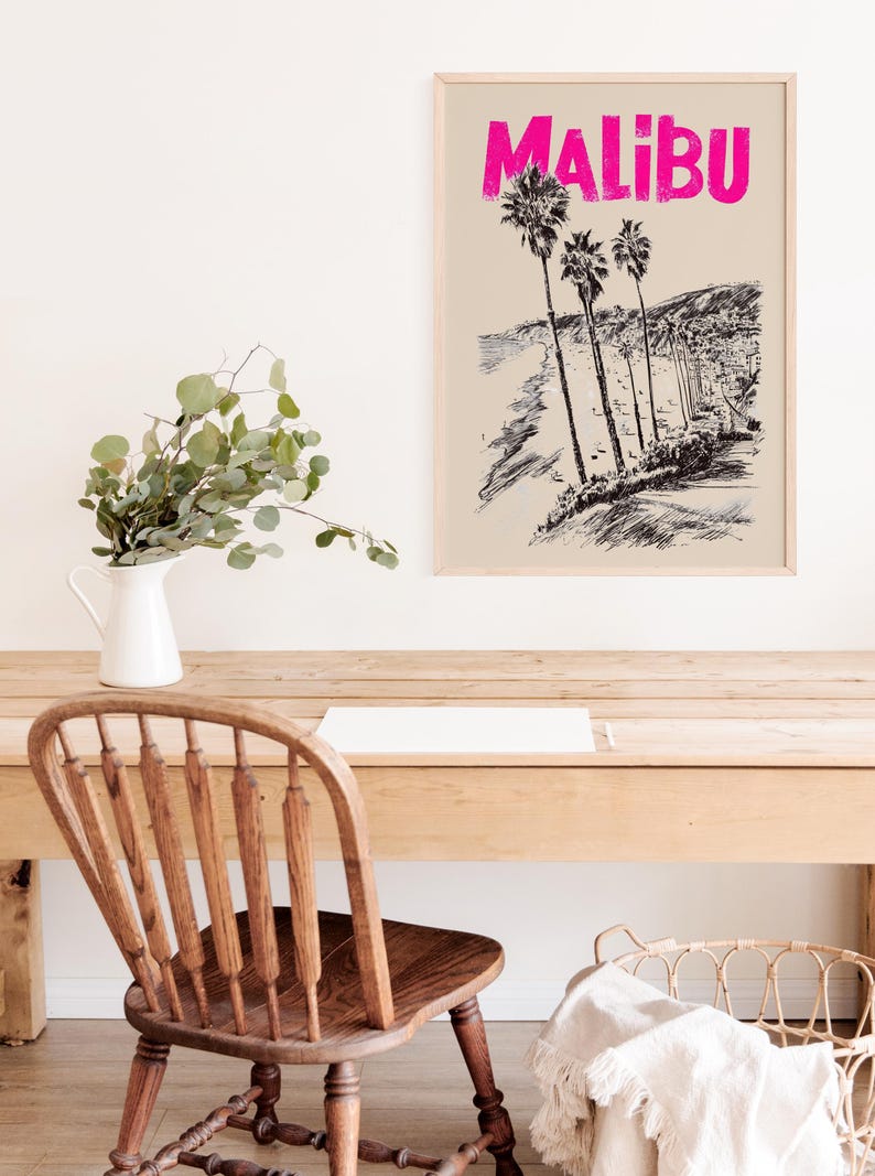 Malibu Poster, California Travel Print, Beach Vibes Art, Coastal Illustration, Malibu Print, Scenic Wall Art, Home Decor, Birthday Gift