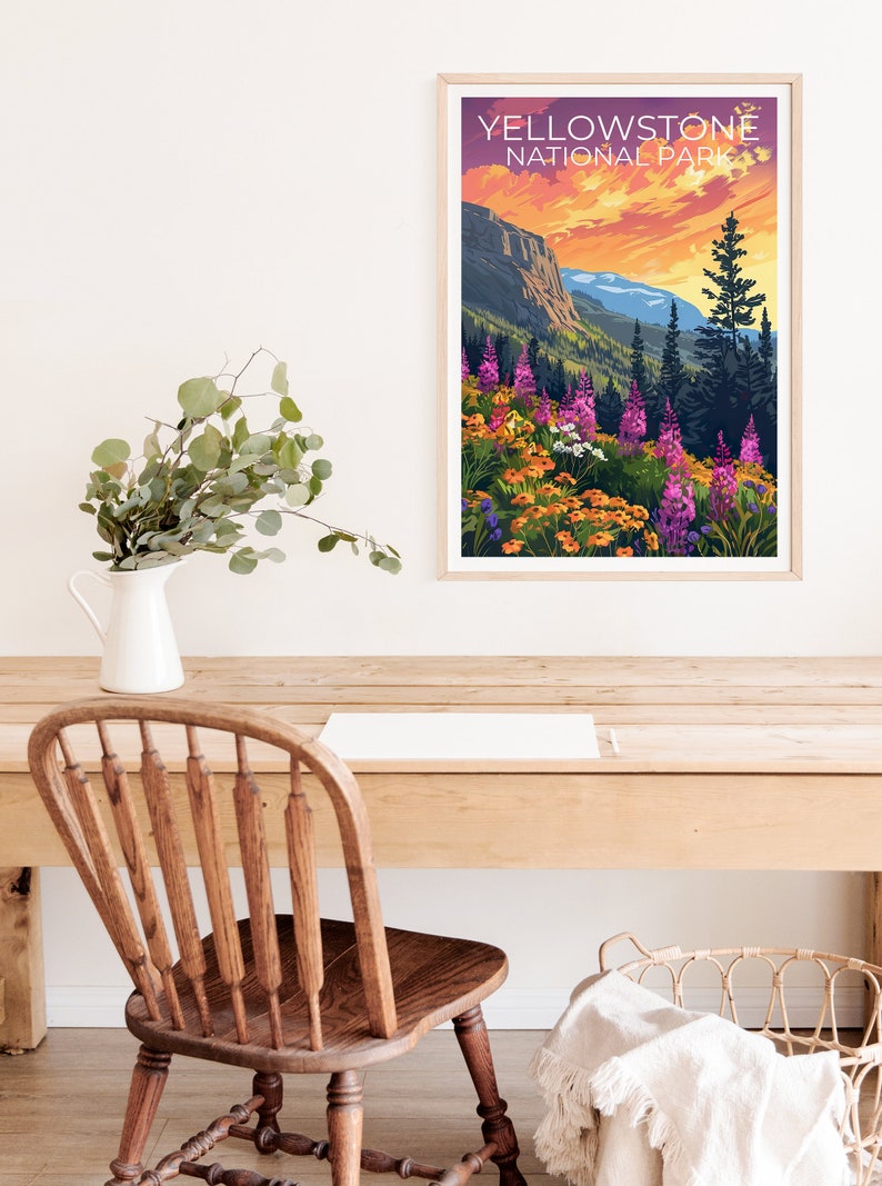 Affiche du parc national de Yellowstone, impression de Yellowstone, affiche du Wyoming, impression du Wyoming, affiche de voyage de Yellowstone, art du Wyoming