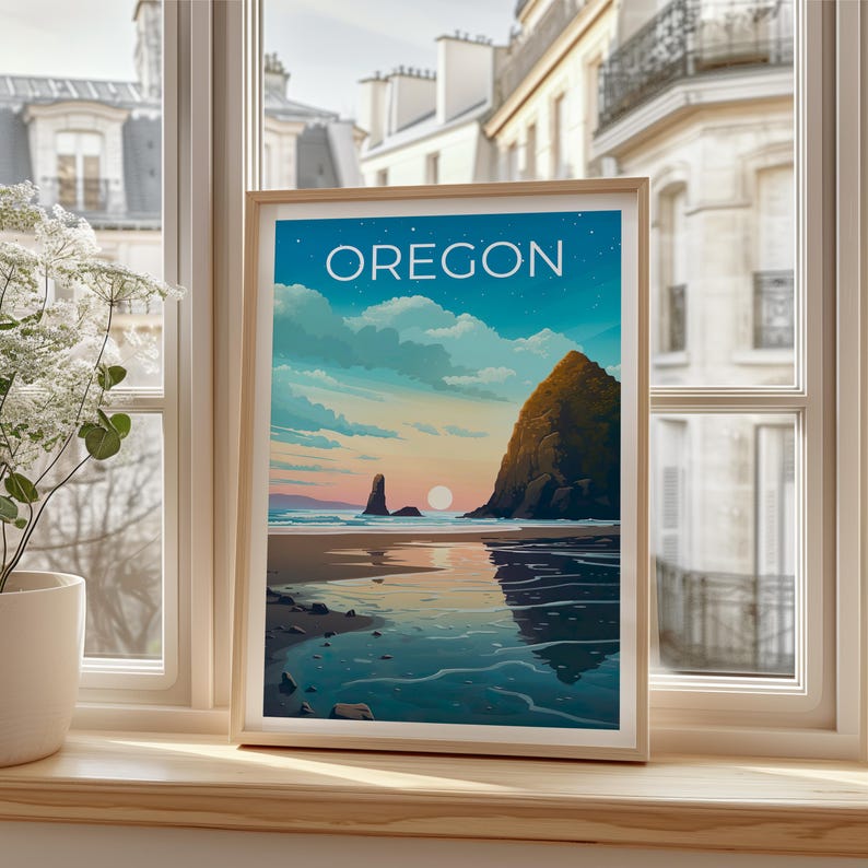 Oregon Poster, Cannon Beach Travel Print, Cozy Coastal Art, Sea Stacks Illustration, Landscape Poster, Home Decor, Birthday Gift