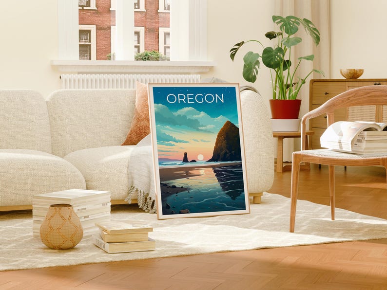 Oregon Poster, Cannon Beach Travel Print, Cozy Coastal Art, Sea Stacks Illustration, Landscape Poster, Home Decor, Birthday Gift