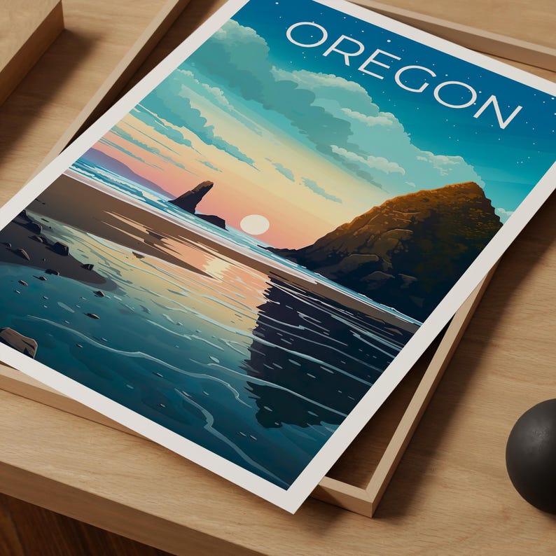 Oregon Poster, Cannon Beach Travel Print, Cozy Coastal Art, Sea Stacks Illustration, Landscape Poster, Home Decor, Birthday Gift