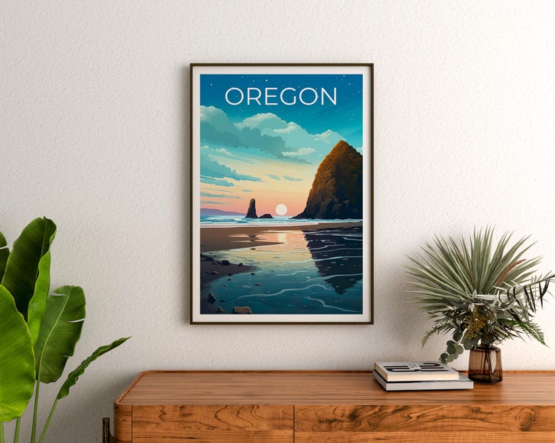 Oregon Poster, Cannon Beach Travel Print, Cozy Coastal Art, Sea Stacks Illustration, Landscape Poster, Home Decor, Birthday Gift