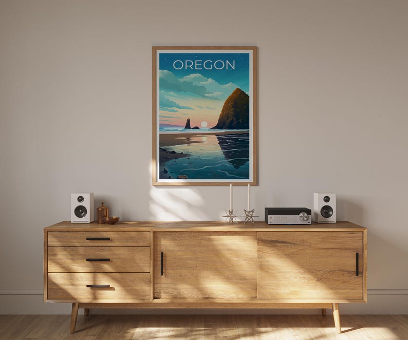 Oregon Poster, Cannon Beach Travel Print, Cozy Coastal Art, Sea Stacks Illustration, Landscape Poster, Home Decor, Birthday Gift