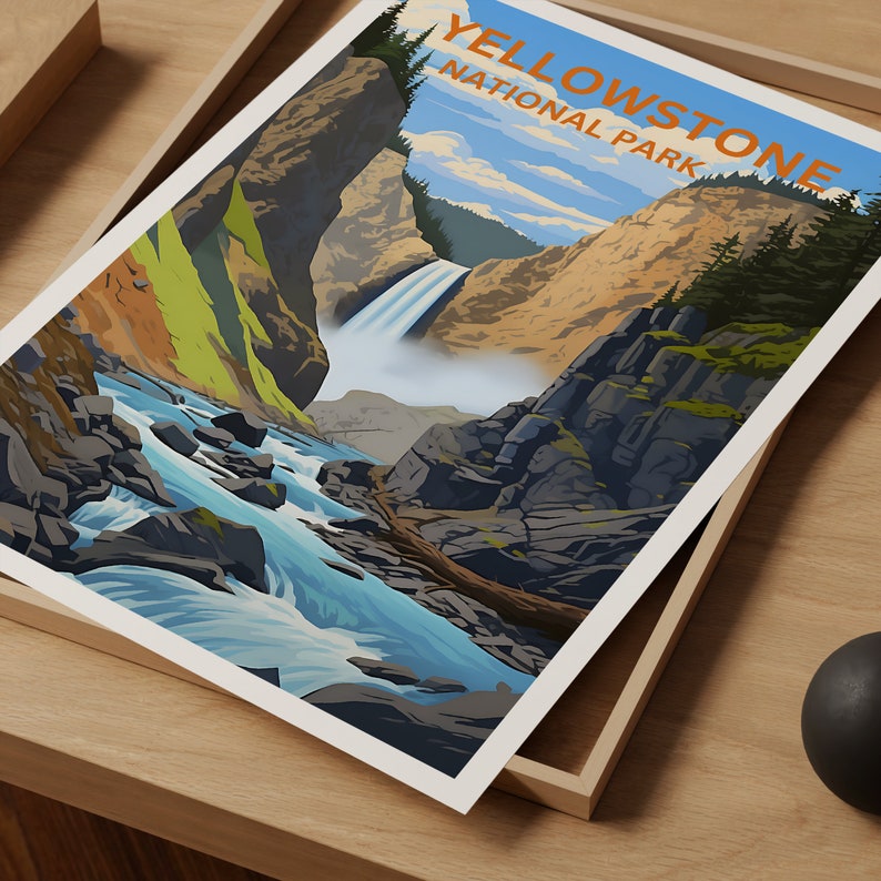 Affiche de voyage de Yellowstone, art du Wyoming, impression du Wyoming, affiche de Yellowstone, affiche de cascade, affiche de nature, art de Yellowstone