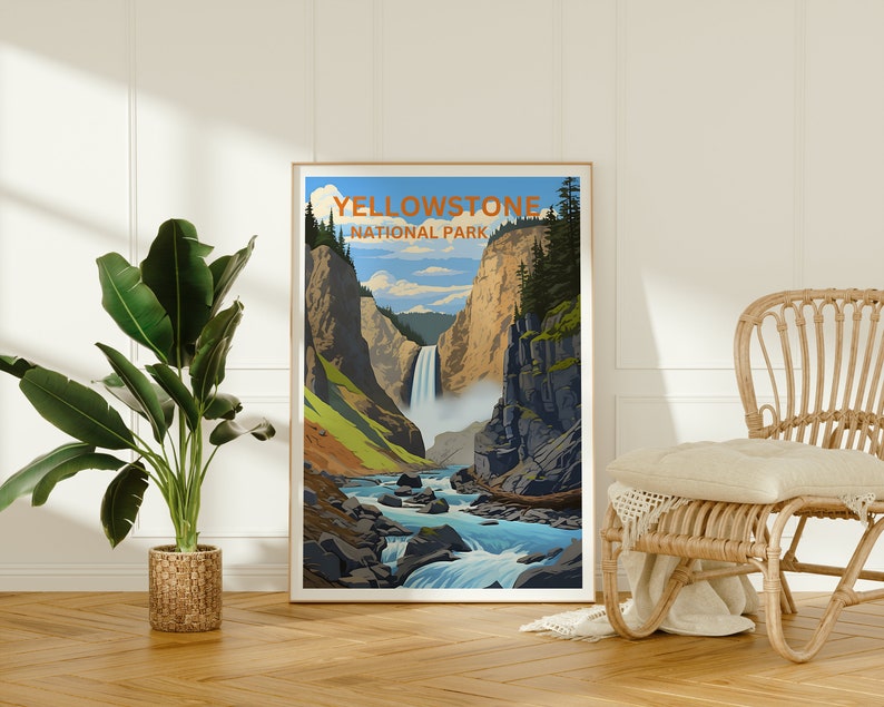 Affiche de voyage de Yellowstone, art du Wyoming, impression du Wyoming, affiche de Yellowstone, affiche de cascade, affiche de nature, art de Yellowstone