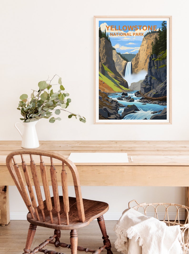 Affiche de voyage de Yellowstone, art du Wyoming, impression du Wyoming, affiche de Yellowstone, affiche de cascade, affiche de nature, art de Yellowstone