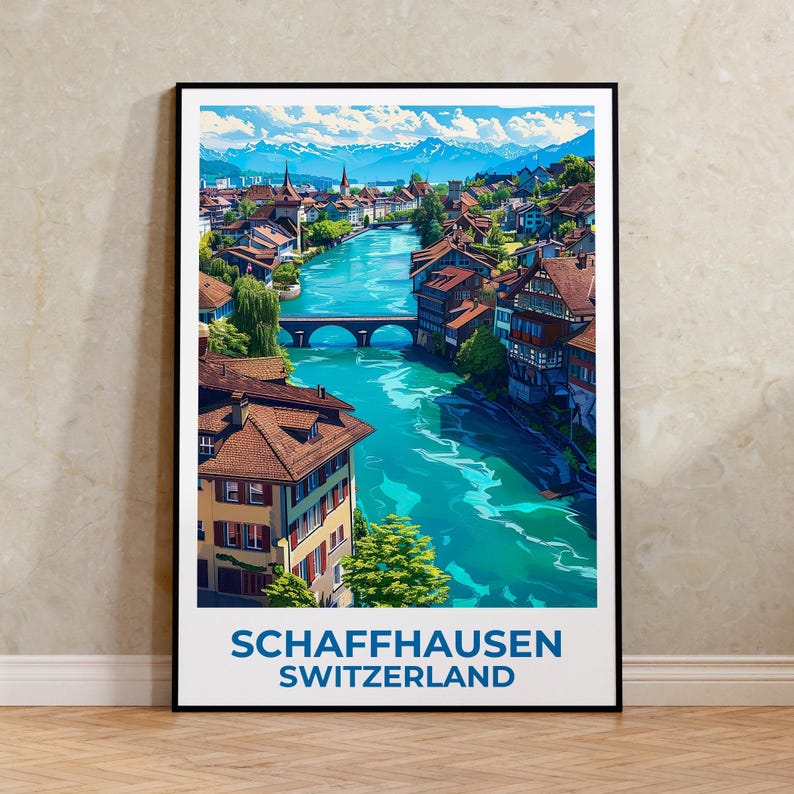 Schaffhausen Travel Print Switzerland Poster European Wall Art Swiss Alps Illustration Schaffhausen Poster Home Decor Birthday Gift