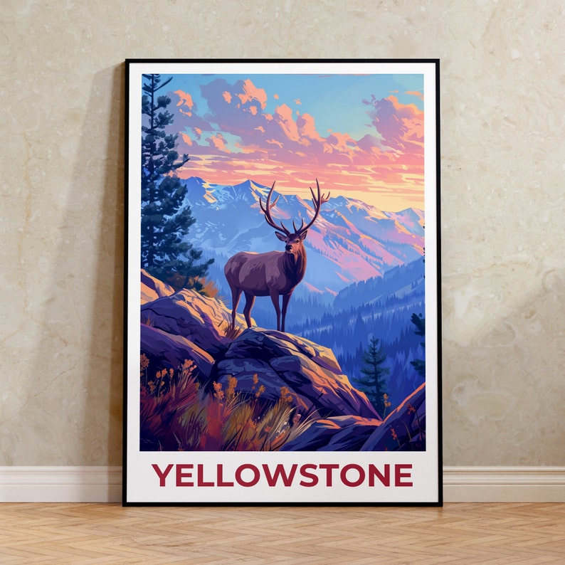 Affiche de voyage de Yellowstone, art mural de cerf, impression de cerf, affiche de Yellowstone, affiche de cerf, affiche du Wyoming, art de Yellowstone