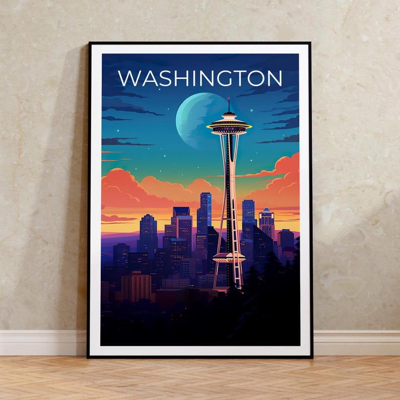 Washington Travel Print, Seattle Poster, Space Needle Wall Art, Cityscape Illustration, Washington Poster, Home Decor, Birthday Gift