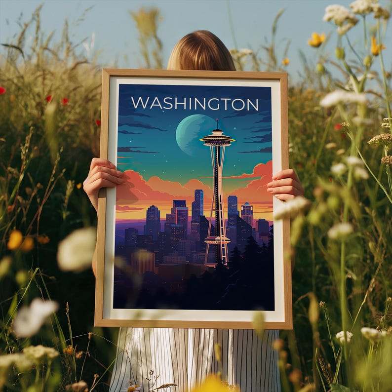 Washington Travel Print, Seattle Poster, Space Needle Wall Art, Cityscape Illustration, Washington Poster, Home Decor, Birthday Gift