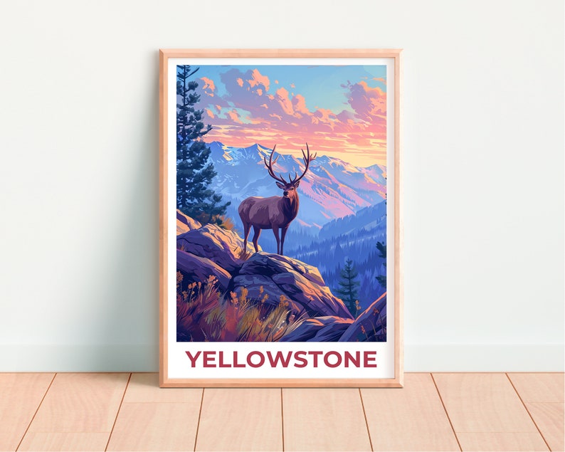 Affiche de voyage de Yellowstone, art mural de cerf, impression de cerf, affiche de Yellowstone, affiche de cerf, affiche du Wyoming, art de Yellowstone