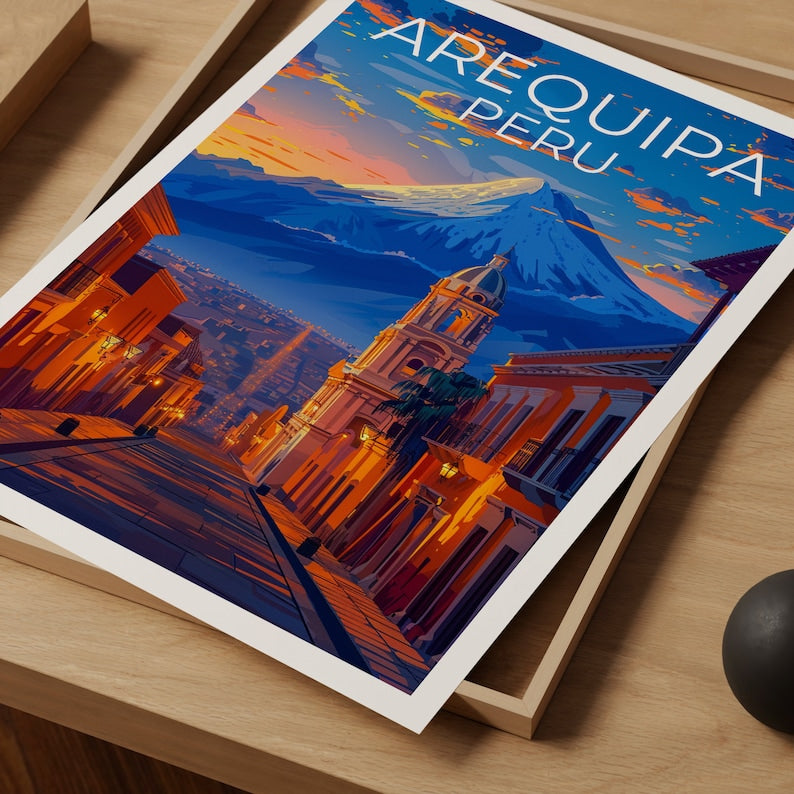 Affiche de voyage d'Arequipa, art mural du Pérou, impression du Pérou, affiche d'Arequipa, affiche du Pérou, affiche de la ville, art d'Arequipa