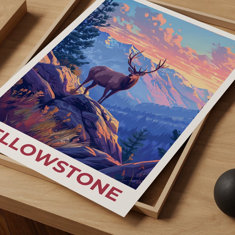 Affiche de voyage de Yellowstone, art mural de cerf, impression de cerf, affiche de Yellowstone, affiche de cerf, affiche du Wyoming, art de Yellowstone