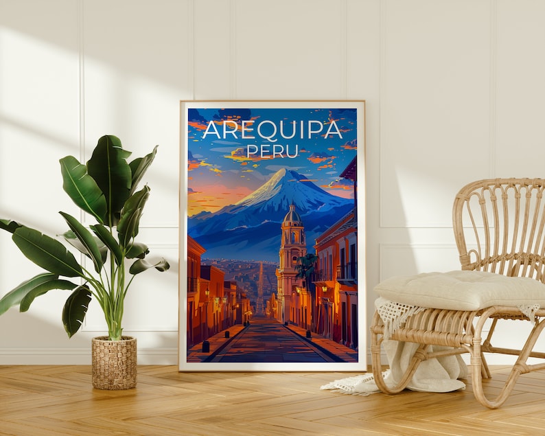Affiche de voyage d'Arequipa, art mural du Pérou, impression du Pérou, affiche d'Arequipa, affiche du Pérou, affiche de la ville, art d'Arequipa