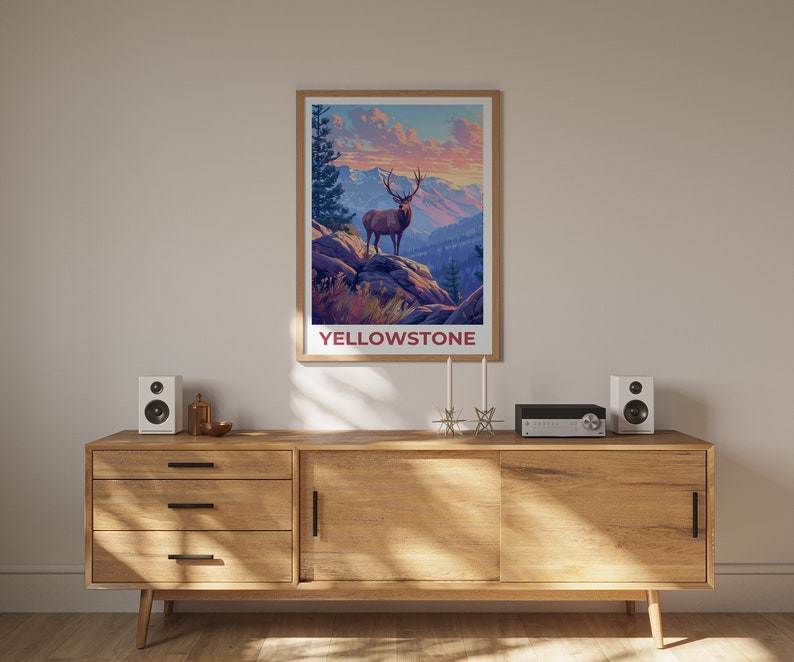 Affiche de voyage de Yellowstone, art mural de cerf, impression de cerf, affiche de Yellowstone, affiche de cerf, affiche du Wyoming, art de Yellowstone